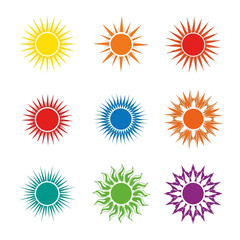 Vector art of collection of colorful sun icons with radiating rays isolated on white background