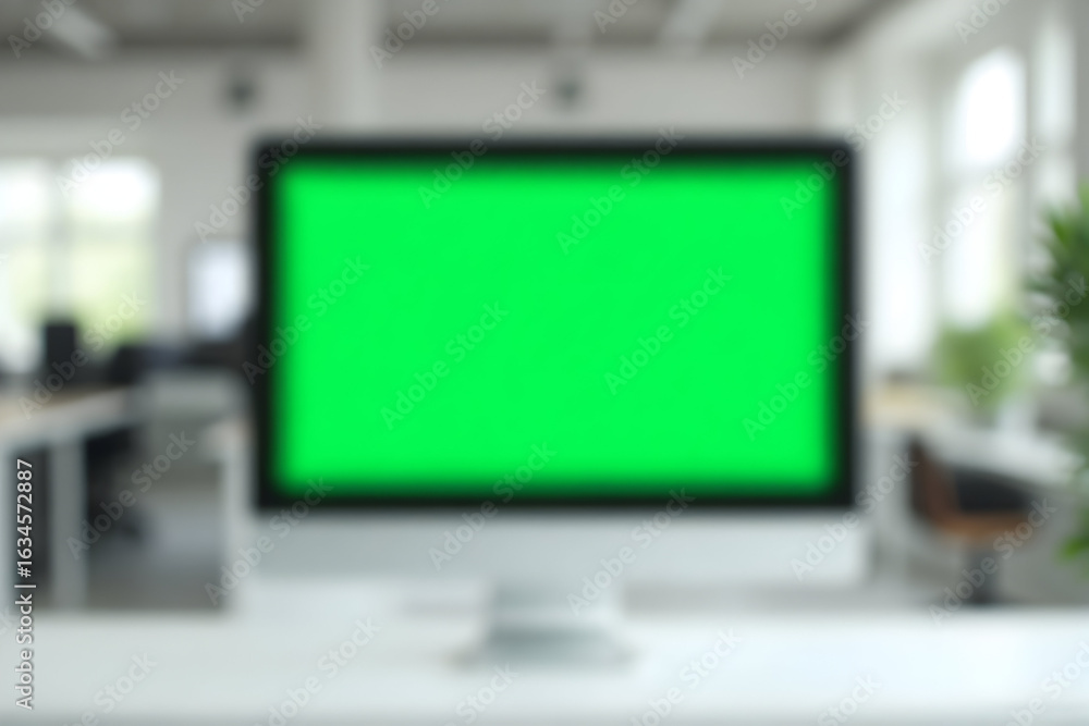 Poster computer monitor displaying green screen in blurred office setting