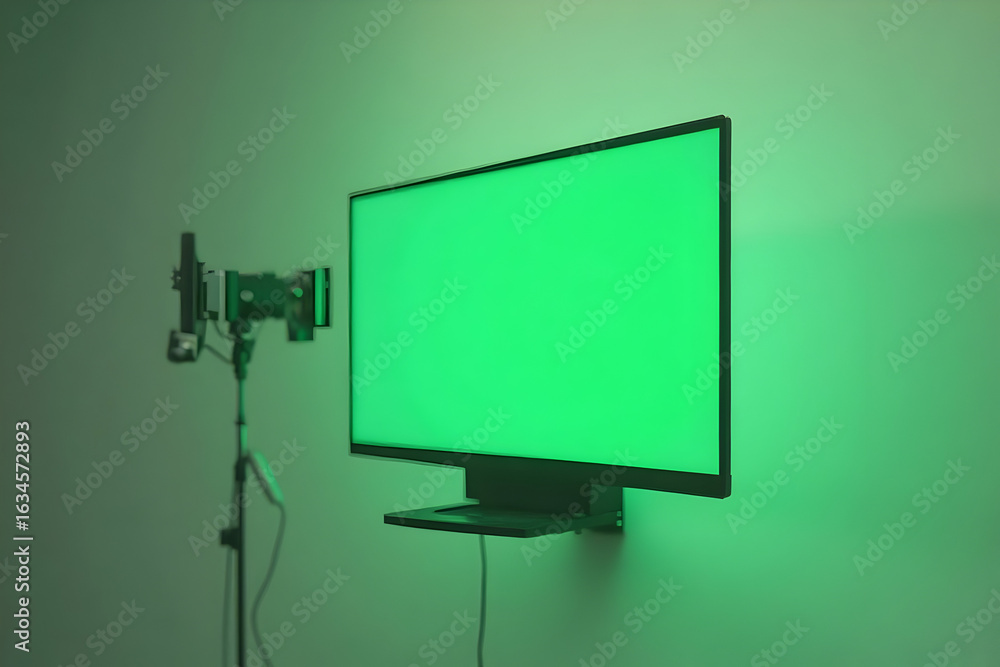 Poster using green screen on monitor with production lighting for chroma key effects
