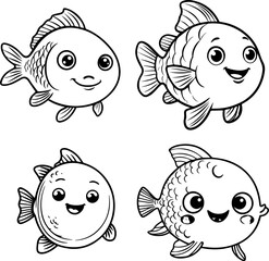 black and white set of cartoon fishes