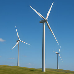 Fototapeta premium Wind turbines generating renewable energy on green grassy hills under clear blue sky, sustainable clean electricity production, modern wind power farm with tall white blades rotating in countryside la