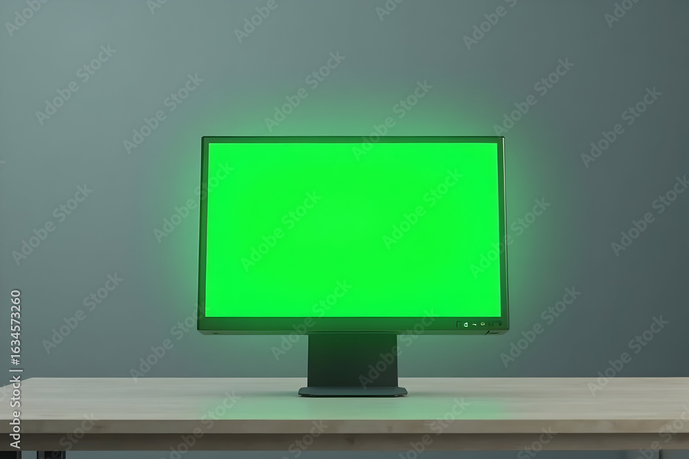 Poster computer monitor displaying green screen on a table