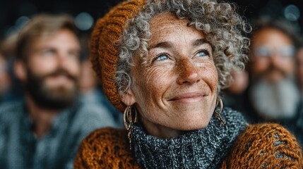 A joyful woman with curly hair smiles warmly while gazing into the distance, showcasing a feeling of contentment and connection in a cozy setting.