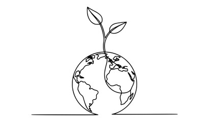 Minimalist line art of planet earth with growing plant globe sprout