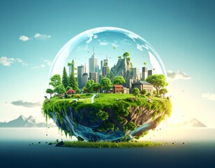 Floating City with Lush Greenery in Glass Dome