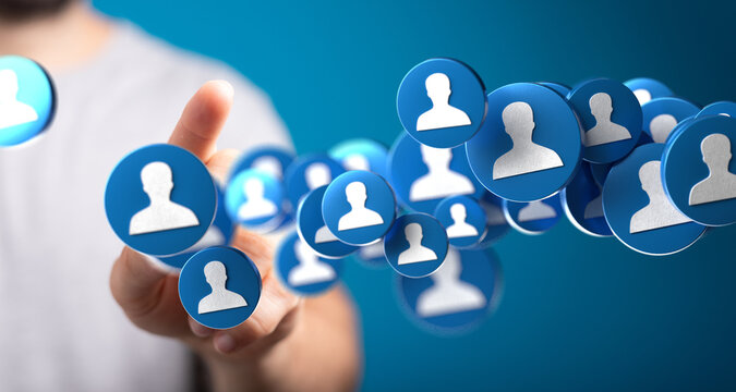 Person interacting with digital profile icons, representing social media networking and online connections.