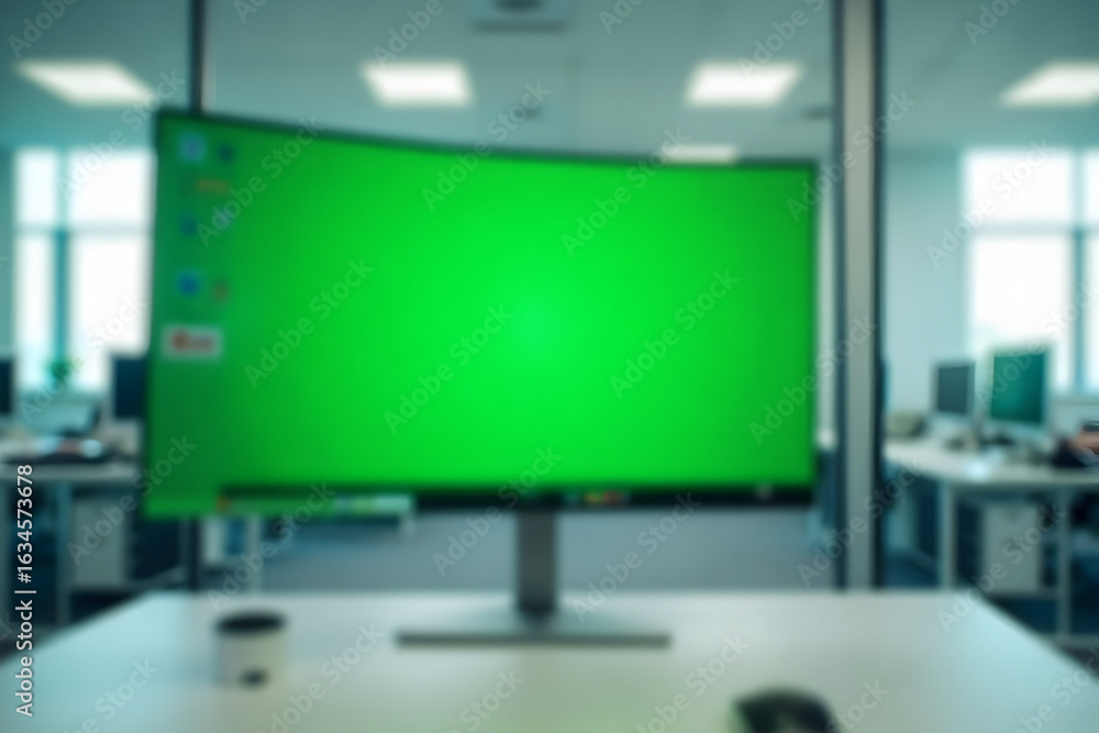 Poster using computer with green screen in modern open office