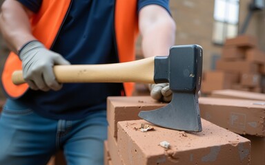 Close Up of Construction Worker Swinging Axe at Brick. High quality