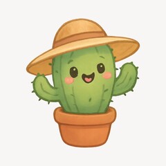 Fototapeta premium Cute cactus wearing straw hat.