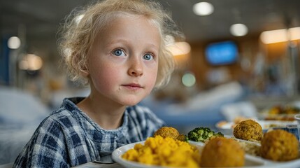 A thoughtful child gazes at a plate of nutritious food in a hospital setting, reflecting the importance of health and nutrition for young patients.