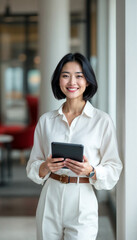 Obraz premium Asian woman holding a tablet in a modern office. 