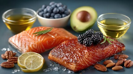 A vibrant arrangement of fresh salmon fillets, avocados, and blueberries, ideal for healthy eating and culinary visuals. Perfect for food enthusiasts.