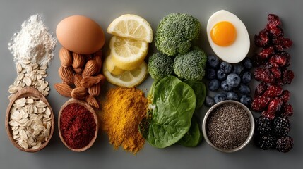 A vibrant arrangement of nutritious food ingredients, featuring grains, vegetables, fruits, and spices for healthy cooking and meal preparation.