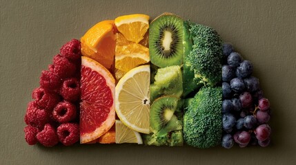 A vibrant array of fresh fruits and vegetables arranged artfully, showcasing the richness of colors and textures. Perfect for health and wellness themes.