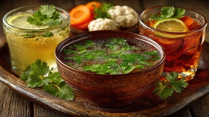 A vibrant assortment of delicious drinks served in glasses, featuring herbs and vegetables, perfect for a refreshing experience.