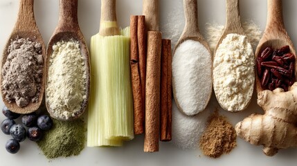 A vibrant array of spices and herbs displayed on wooden spoons, showcasing the colors and textures that enhance culinary experiences. Perfect for cooking imagery.
