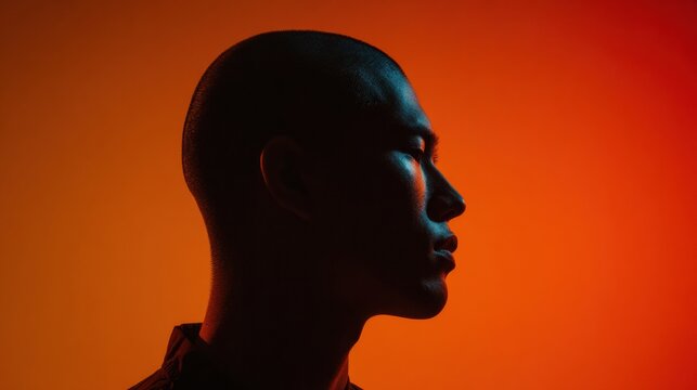 Profile View of a Person With a Buzz Cut Against a Vibrant Gradient Light Background Showcasing a Striking Contrast at Dusk
