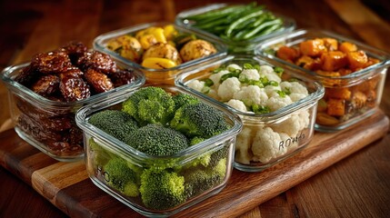 A vibrant assortment of healthy, pre-prepared vegetables in glass containers, showcasing a variety of colors and textures for nutritious meal options.