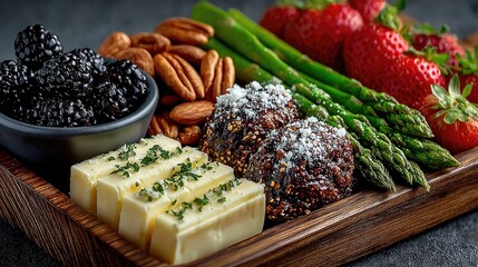 A vibrant assortment of fresh fruits, cheese, nuts, and vegetables elegantly arranged on a wooden platter, showcasing a healthy and appetizing snack.