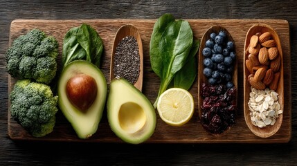 A vibrant assortment of healthy ingredients, including broccoli, avocado, lemon, almonds, and blueberries arranged aesthetically on a wooden board.
