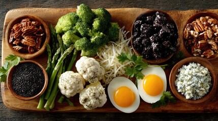 A vibrant assortment of healthy ingredients including broccoli, eggs, nuts, and various vegetables displayed on a wooden board.