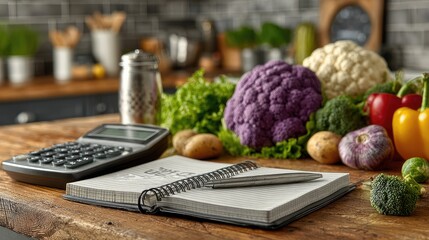 A vibrant collection of fresh vegetables arranged on a rustic kitchen countertop, featuring a notepad and calculator for meal planning.