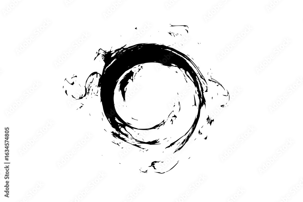 Poster abstract black ink circle with rough edges and splatters on a white background creating a zen like e
