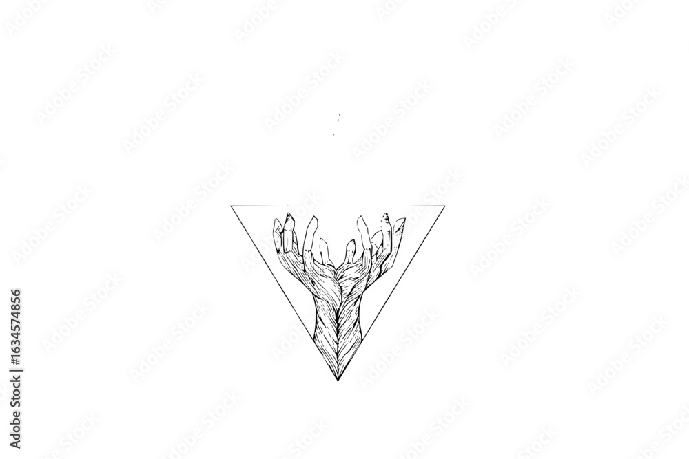 Poster illustration of two hands emerging from a central point within a triangle shape on a white backgroun