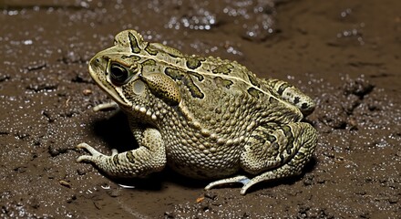 Obraz premium Close-up of a toad resting in mud.