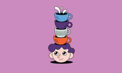 Funny and whimsical illustration of a person's head with a tall stack of coffee cups, one overflowing with a splash of milk. Concept for energy and coffee addiction.

