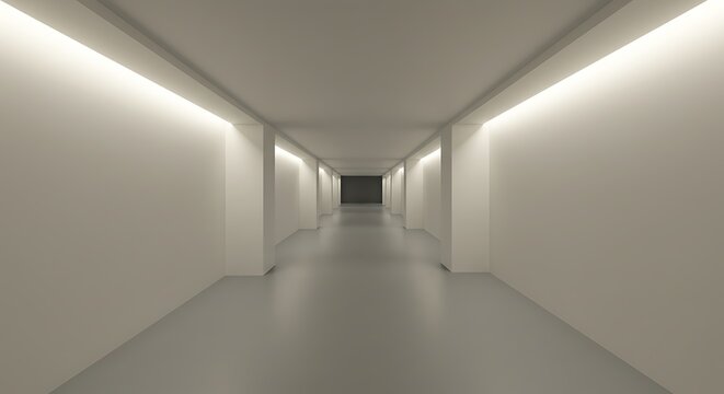 A Stark, Symmetrical Corridor with Cove Lighting Vanishing into Darkness
