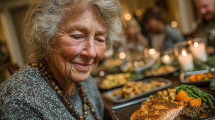 An elderly woman joyfully admires a delicious plate of food, surrounded by a warm dining atmosphere and loved ones, celebrating togetherness.