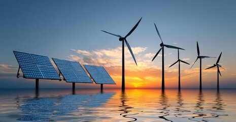 Solar panels and wind turbines at sunset over water