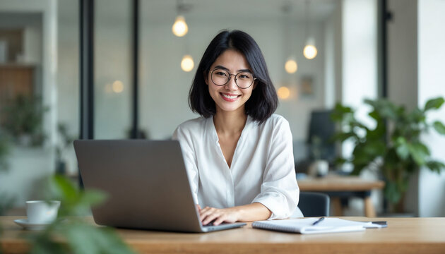 Smiling Asian woman with glasses working on laptop in bright modern office.