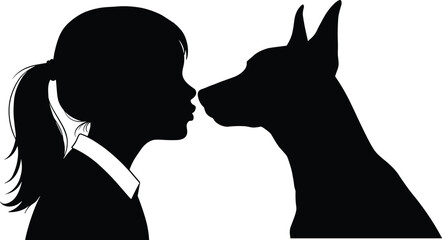 Child and dog silhouette, emotional bond, face-to-face moment, pet loyalty, pointed ears, black vector, animal love, human connection