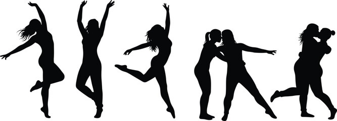 Dance silhouettes, expressive poses, solo and partner movement, performing arts theme, lifestyle vector, black graphic, emotional design, leap and lift