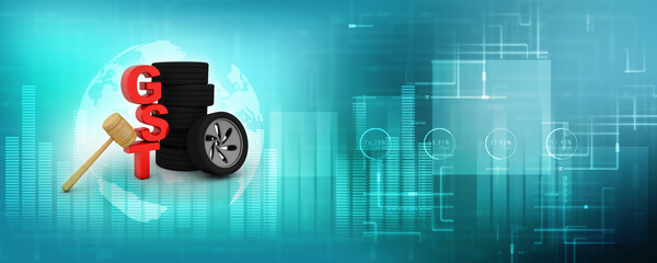 3d rendering Car wheel with GST and hammer