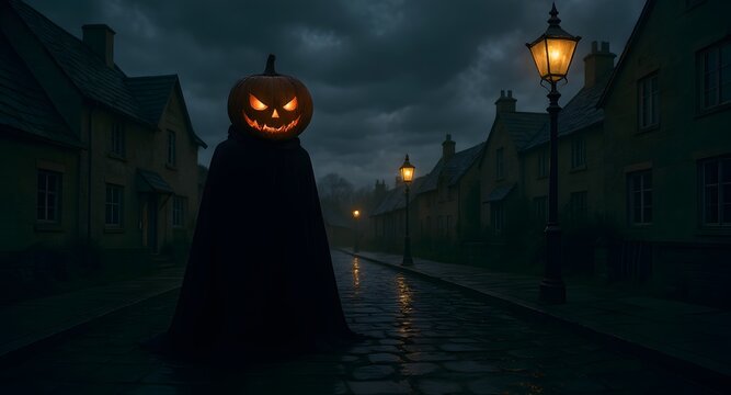 Eerie Halloween Night A Mysterious Jack-O'-Lantern Figure on a Foggy Gothic Street - Powered by Adobe