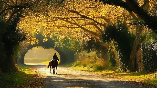 Equestrian figure on a pathway beneath autumnal trees.