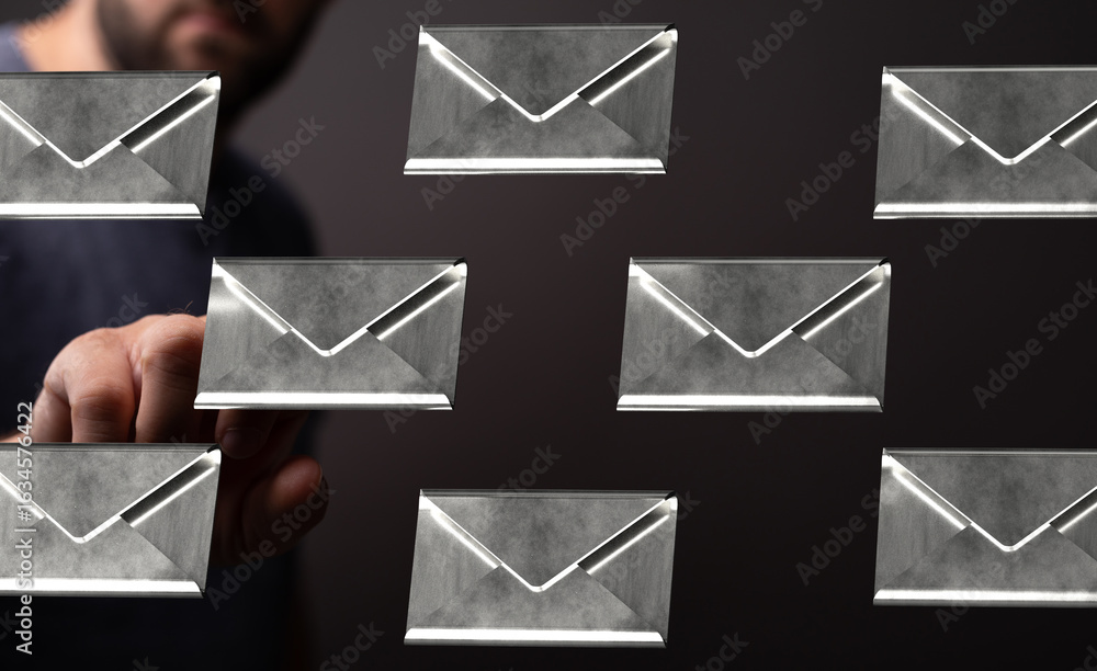 Poster hand selecting an email from a digital inbox. concept of email management, communication.