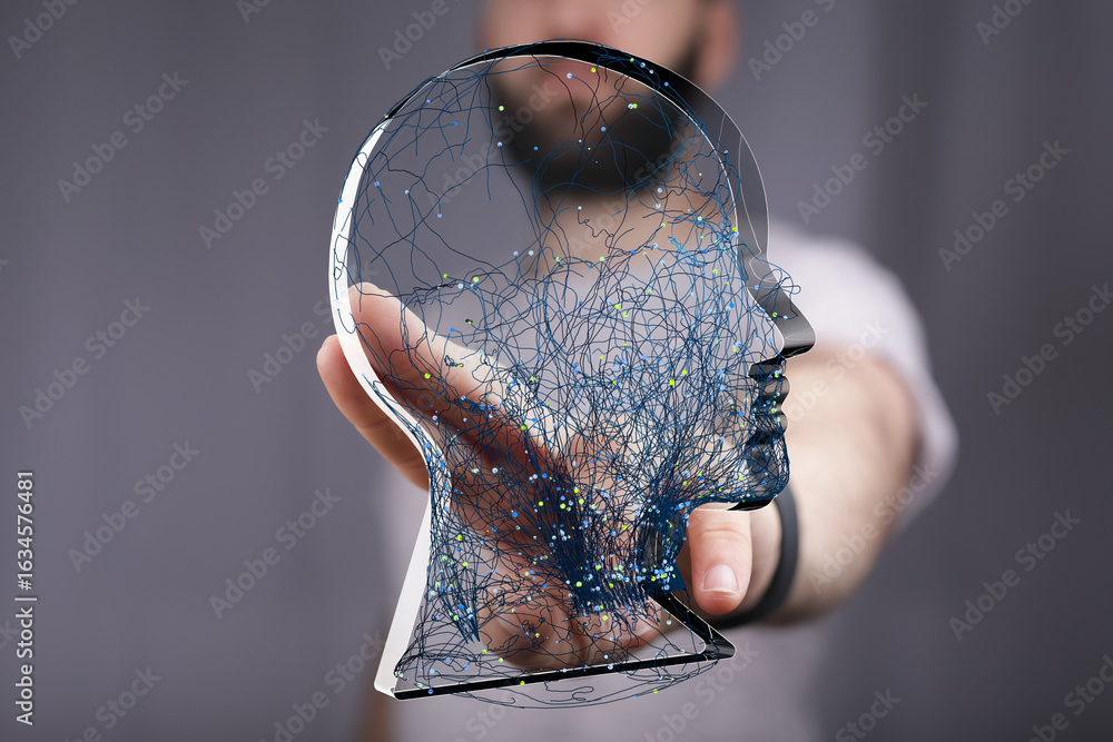 Poster abstract image of a human head with neural connections, representing ai, deep learning, and the huma