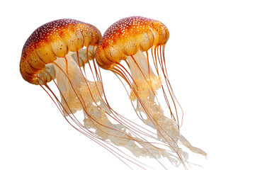 Two orange-brown jellyfish, translucent, with many long, thin tentacles, against a black background