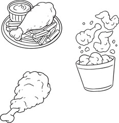 A set of hand-drawn illustrations featuring various fried chicken dishes. This includes a plate with a drumstick and french fries, a bucket of fried chicken, and a single chicken leg. Ideal for menus.