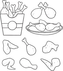 A collection of hand-drawn fried chicken illustrations. This set includes a bucket of assorted chicken pieces, a plate of drumsticks, and various individual wings and drumsticks. Ideal for menus.