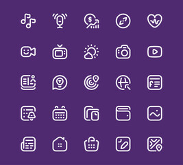A collection of clean white vector icons on a purple background representing multimedia, lifestyle, productivity, and smart device applications.