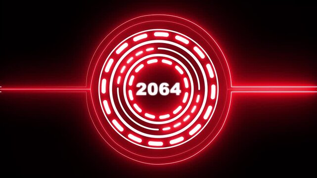 2064 text with screen effects of technological failures. Concept of counting years. Past year technology concept on black background. 4k video animation