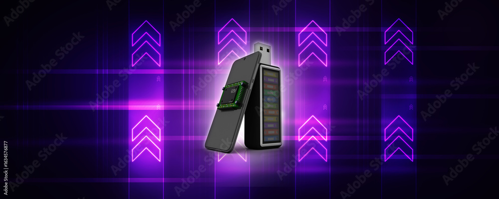 Poster 3d rendering microchips with mobile phone near folder in pen drive