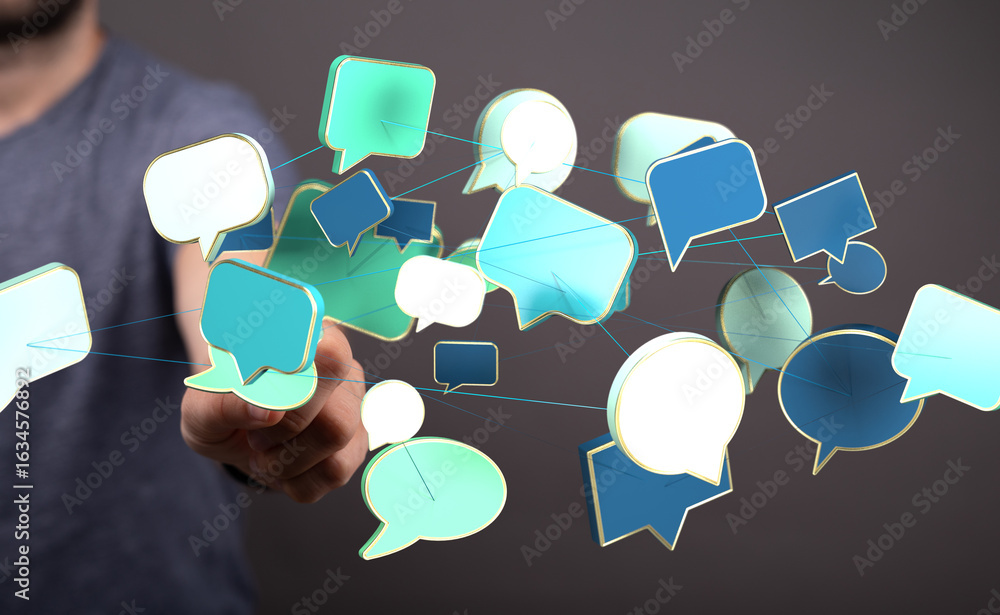 Poster abstract image of interconnected speech bubbles, symbolizing global communication and networking.