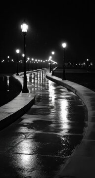 Fototapeta A black and white, nighttime view of a wet boardwalk.  Illuminated by streetlights, reflections shimmer on the pavement
