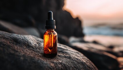 Amber glass dropper bottle sits on a rock by the ocean at sunset